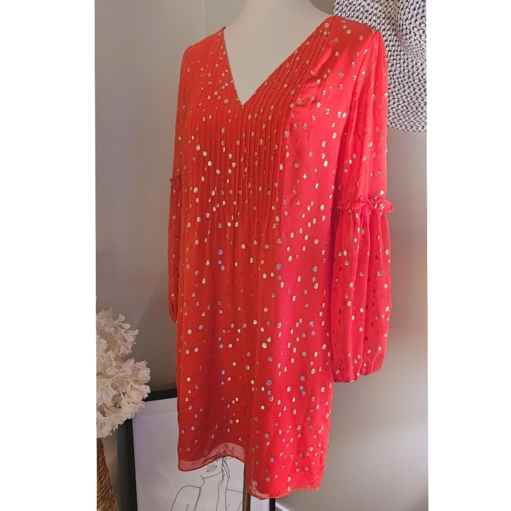 Lilly Pulitzer Red Gold Metallic Sparkling  Long Sleeves Cleme Silk Flaunt Dress